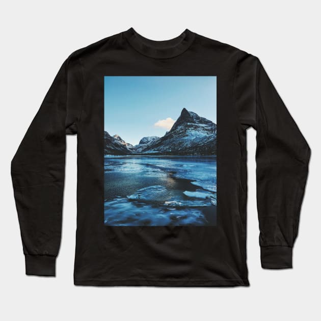 Norway - Innerdalen Lake and Mountain Range on Freezing Cold Winter Day Long Sleeve T-Shirt by visualspectrum